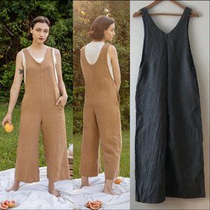 New The Maybe Collection 100% linen lagenlook wide leg cropped overalls jumpsuit